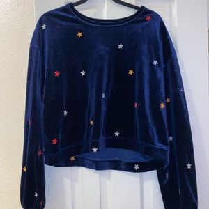 nordstrom sweatshirt, row a brand. blue long sleeve with star patterned print.
